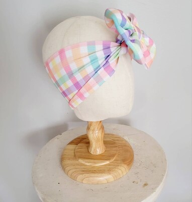 Pastel Check Plaid Knit Hair Bow - Headwrap - Clip - Pigtail Bows - Headband - Peach - Easter - Rainbow - Spring - Birthday - Purple - Small - image2